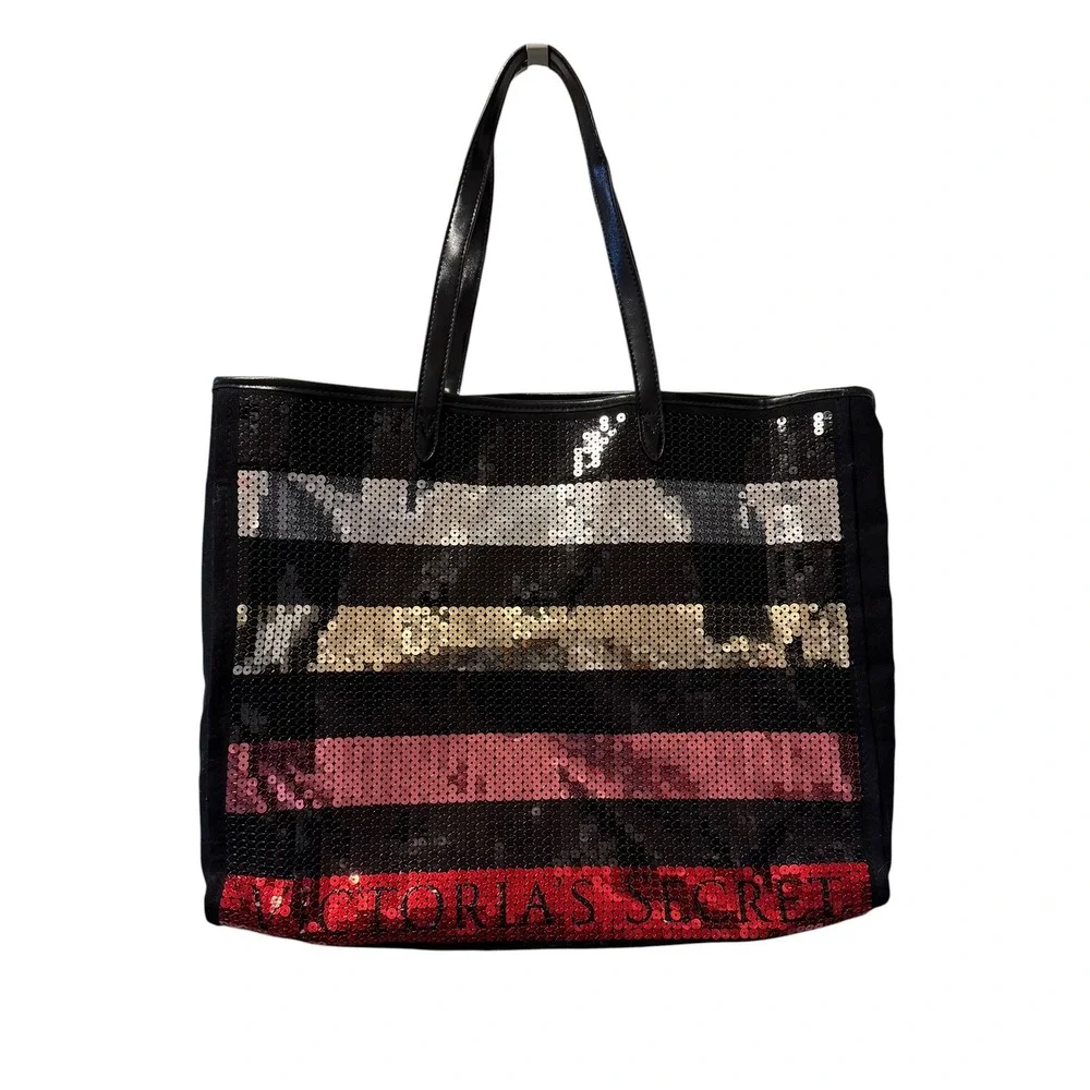 Victoria Secret Sequin Stripe Tote Bag Black Canvas Silver Gold Pink Red Large